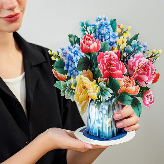 Paper Love 3D Pop Up Flower Bouquet Card, Wonderland, with Detachable Paper Flowers For Anniversay, Wedding, Thank You, Mother's Day - Jumbo 10" x 14" Card - Includes Envelope and Note Tag