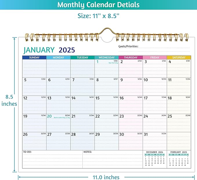 Wall Calendar 2025-2026 – 2 Year Calendar 2025-2026, 11 x 8.5 In, Jan 2025 - Dec 2026, 2025 Calendar 24 Months, Small Monthly Calendar 2025, with Ruled Blocks, Thick Paper, Holidays, To-dos ＆ Notes