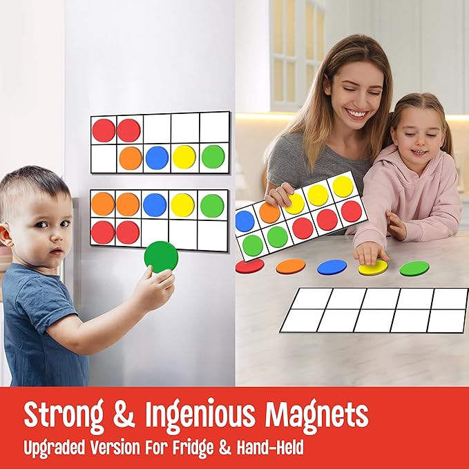 Magnetic Ten-Frame Set, Including 5 Frames (no Hollowed Out) and 55 Colorful Discs (Upgraded Version for Fridge & Hand-held)