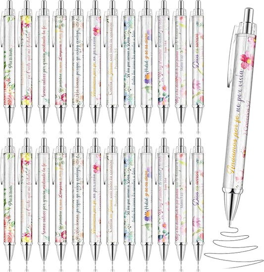 24 Pcs Spanish Christian Pens Regalos Cristianos En Español Bible Verse Ballpoint Pens with Inspirational Quote Spanish Christian Gifts for Religious Church Office School(Flower)