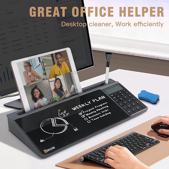 SELEAD Desktop Glass Whiteboard with Calculator, Organizer, Markers, Eraser, Holder - Black Dry Erase White Board Computer Pad Keyboard Stand for Home, School, Office Desk Cubicle Accessories