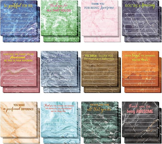 Yinder 24 Pcs Employee Appreciation Sticky Notes Thank You Gifts Bulk Note Pads with Sayings Teacher Gift Mini Pocket Inspirational Notepads for Coworker Office Supply 3 x 3''(Marble,Thanks)