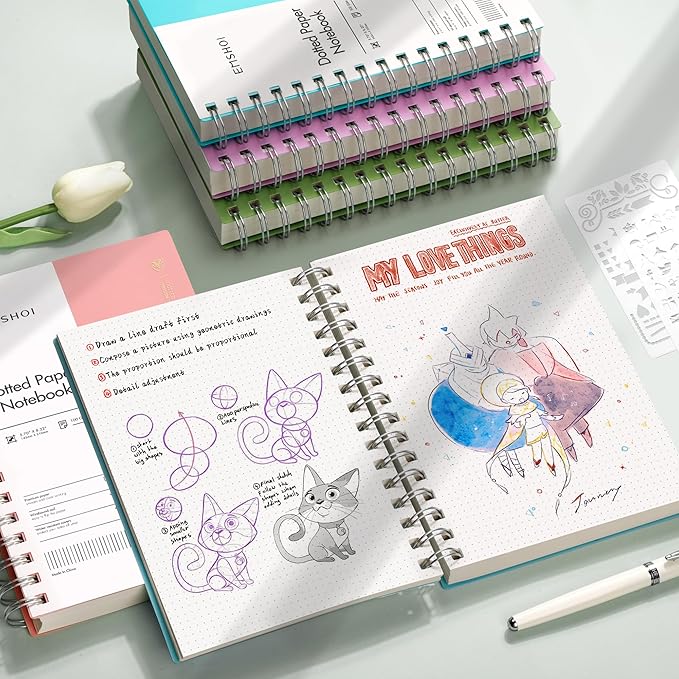 EMSHOI A5 Spiral Notebook Bullet Dotted Journal, Small 5.7" X 8.22", 300 Pages/150 Sheets, 100gsm Dot Grid Paper, Waterproof Hardcover, for Office School Women Men Work Writing Notes-Purple