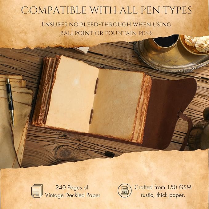 Fausta Vintage Handcrafted Leather Journal with Key for Writing, 240 Pages 8 x 6 inches, Deckled Cotton Paper Notebook/Diary for Men and Women 150 GSM Drawing/Sketchbook, Rustic Brown