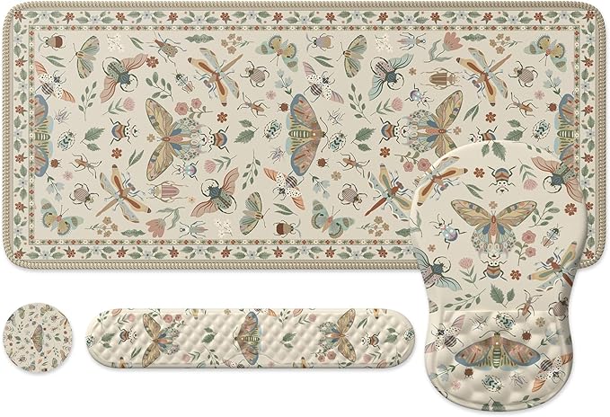 iLeadon Desk Pad Mat,Keyboard Wrist Rest and Mouse Pad Set,Full Desk Mouse Pad Extra Large for Computer Keyboard,Massage Mousepad+Cup Coaster with Non-Slip Base for Home Office,Beige Insect