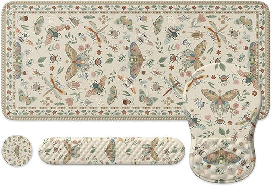 iLeadon Desk Pad Mat,Keyboard Wrist Rest and Mouse Pad Set,Full Desk Mouse Pad Extra Large for Computer Keyboard,Massage Mousepad+Cup Coaster with Non-Slip Base for Home Office,Beige Insect