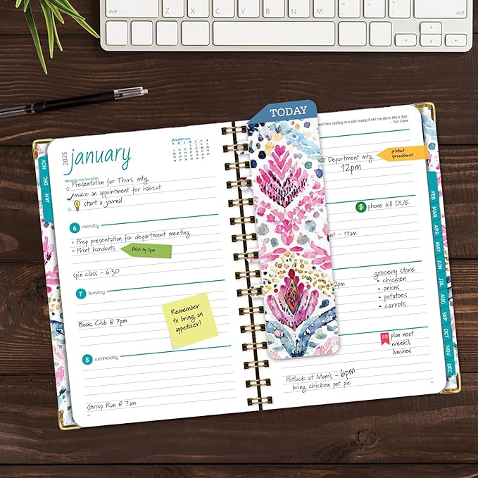 HARDCOVER 2025 Planner, 5.5"x8": 14 Months (November 2024 - December 2025), Daily Weekly Monthly Planner, Yearly Agenda, Bookmark, Pocket Folder and Sticky Note Set (Boho Ikat)