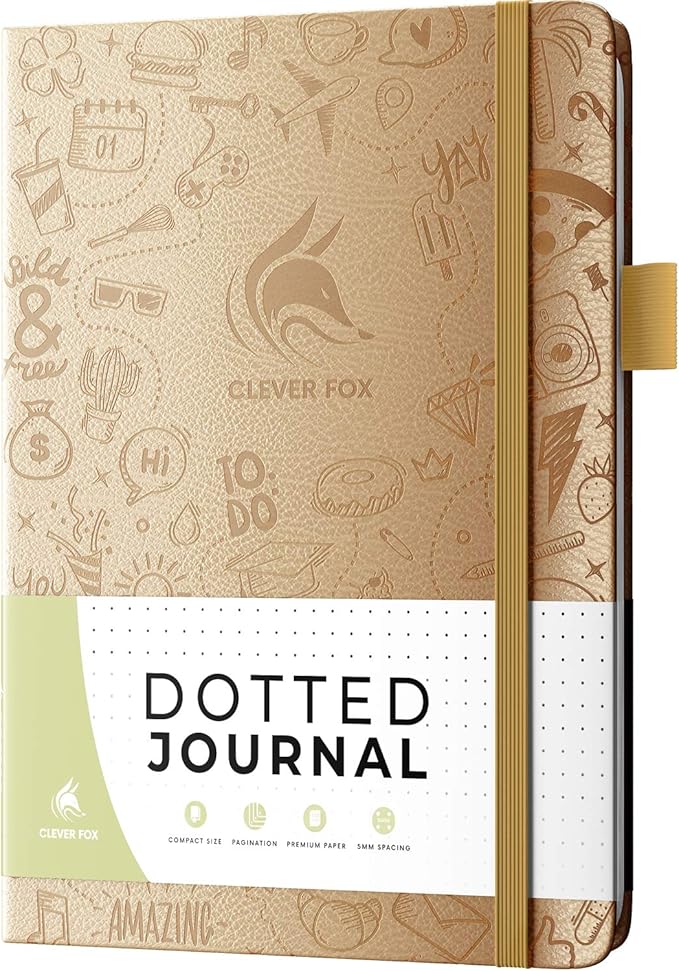 Clever Fox Dotted Journal 2.0 – Compact Planning and Sketching Dot Grid Notebook 120 GSM Thick, No-Bleed Paper – Planner with Pen Loop, Pocket, Ribbons, Stickers A5 - Pearl