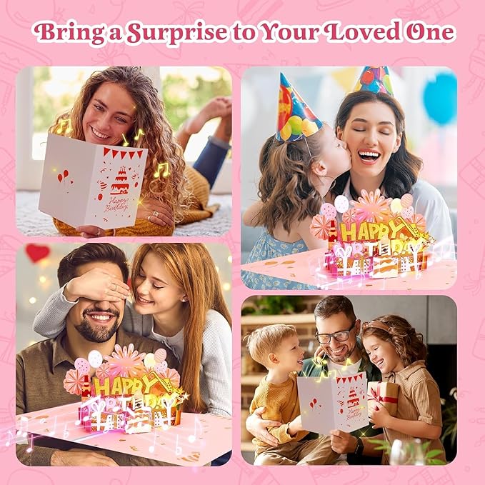 Elegant 3D Pop-Up Birthday Card with LED Lights – Blowable Candle & Music Greeting Card for Women, Mom, Daughter Pink Gold