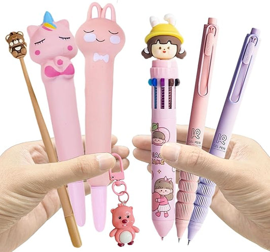 6pcs Kawaii Pens with 1 Cute Keychain Great gift for Girls Stress Relief Pen Cartoon Ballpoint Pen for Office Back to School Supplies Students Gift
