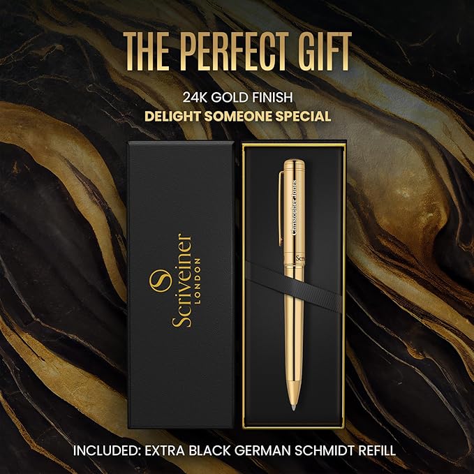Scriveiner Personalized Gold Ballpoint Pen - Stunning Luxury Pen with 24K Gold Finish, Schmidt Ink Refill, Best Engraved Ball Point Gift Set for Men & Women, Custom Name Engraving