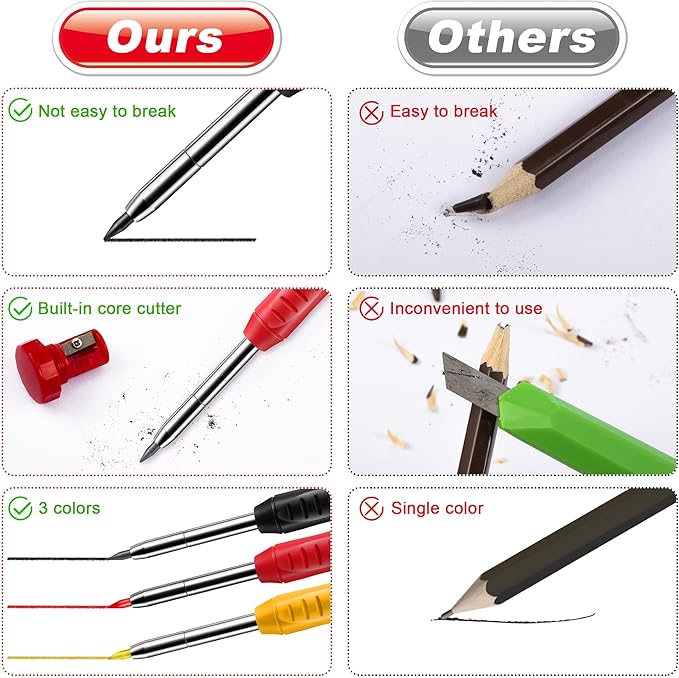 Enhon 6PCS Carpenters Pencils Mechanical Pencil Set with 24 Refills and Carbide Scriber Tool, Deep Hole Woodworking Pencils Joiners Pencil Carpenter Tools with Sharpener for Architect Construction