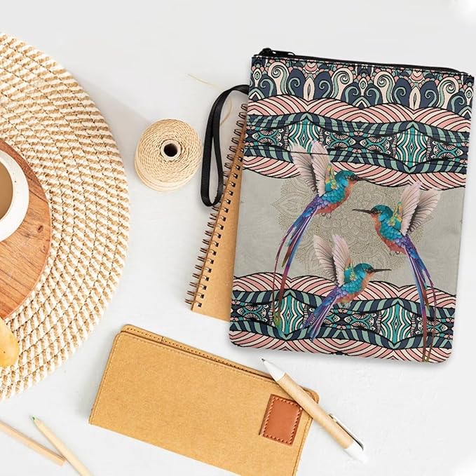 COEQINE Aesthetic Hummingbirds Aztec Style Book Cover with Zipper and Handle for Portable Travel Accessories Washable Fashion Book Lovers Book Protection Pouch