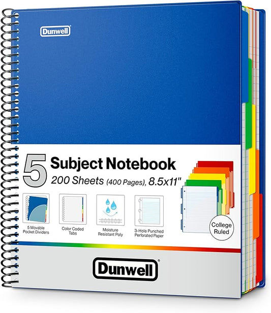 Dunwell 5-Subject Spiral Notebook, College Ruled (Blue), Colorful Movable Pocket Dividers with Tabs, Front/Back Plastic Covers, 200 Sheets (400 Pages) of 3-Hole Punch Perforated 8.5x11 Paper