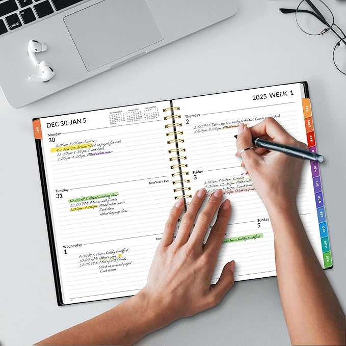 SUNEE 2025 Weekly and Monthly Planner - from January 2025 - December 2025, 6.4" x 8.3" Daily Agenda Planner with Monthly Tab, Flexible Cover, Note Pages, Pockets, Bookmark, Spiral Binding, Black