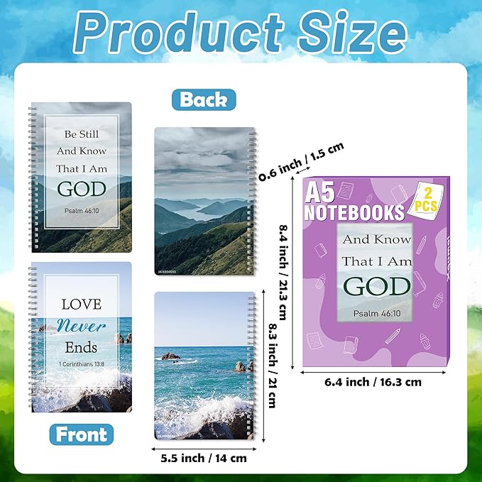 2Pack A5 Natural Scenery Religious Spiral Notebooks - Love Never Ends Bible Verses Notebooks, Ruled Hardbound Lined Journal, Inspirational Christian Christmas Gift, Sunday School Supplies