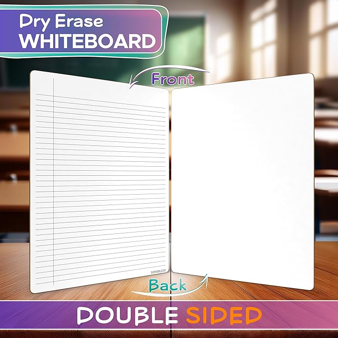 Scribbledo Dry Erase Notebook College Ruled Lined Board 9"x12" Reusable Lined Erasable Ruled Writing Note Pad Lapboard, Blank Whiteboard on Reverse