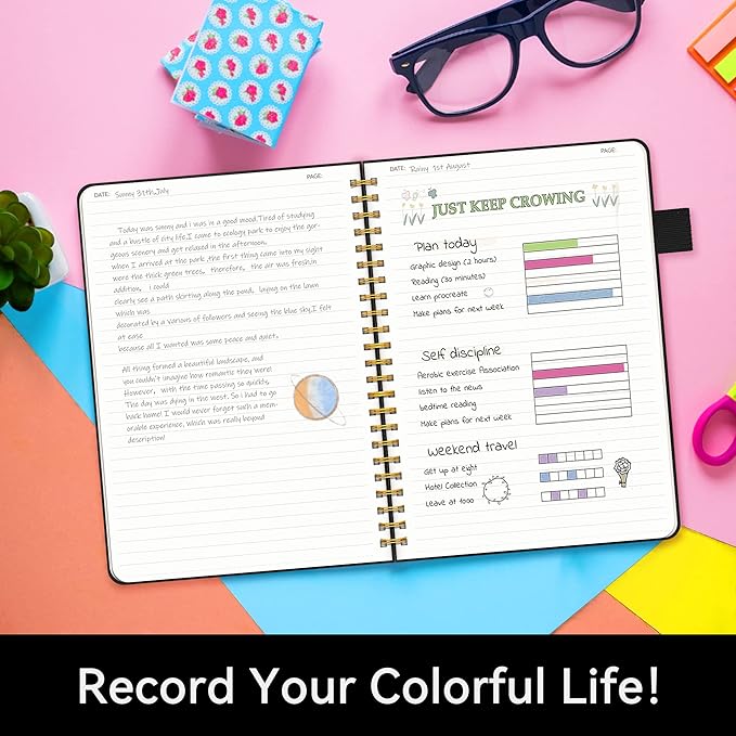 Alltree Lined Journal Notebook, Spiral Notebook for Work, Leather Hardcover Spiral Notebook with Tabs, Pen Loop, Pocket, Stickers, 160 Pages, Journal for Women & Men, Black(6"x8.5")