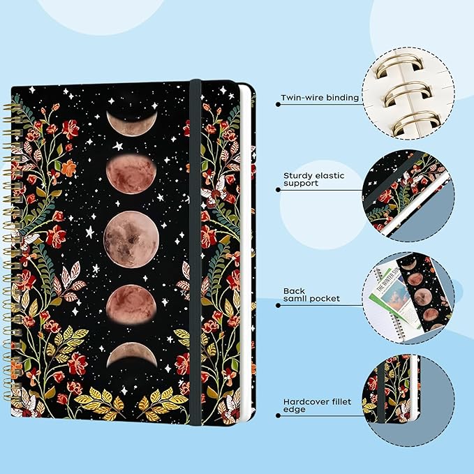 Yoiilifee Spiral Notebook - A5 Spiral Notebooks, 8.3'' × 5.8'', 160 Pages, Aesthetic Journaling Notebooks for Women, College Lined Notebook with Elastic Closure, Back Pocket, for School Office, Moon