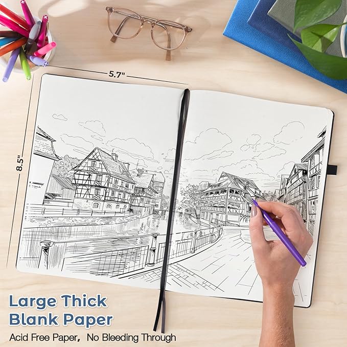 Blank Notebook, Hardcover Sketch Book, 8.5 x 5.5 Large Blank Journal, No Bleed Thick Paper Sketchbook for Drawing, Unlined Notebook Journal for Women Men School, A5 Leather Sketchbook, Lay Flat, Navy