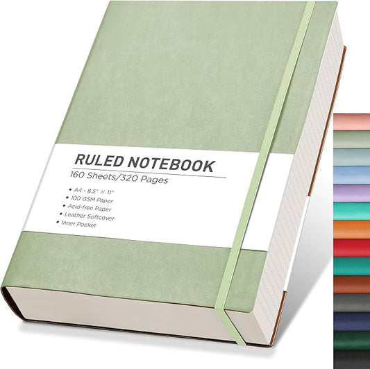 RETTACY Journaling Notebooks, A4 Lined Notebook Journal with 320 Pages, 8.5" × 11", Large Size, Notebook Journal for Work, School, Writing, Leather Softcover, 100 GSM Thick Paper (Light Green)