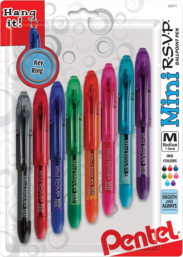 RSVP Mini Ballpoint Pen, (1.0mm) Medium Line, Assorted Ink Colors, w/Key Ring, 8 Pack