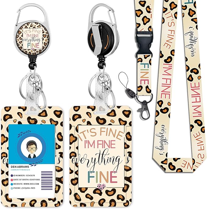 ID Badge Holder with Breakaway Lanyard, Retractable Badge Reel Heavy Duty, It's Fine I'm Fine Lanyards for ID Badges Ajustable, Teacher Nurse Work Office Gifts