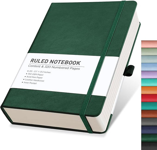 RETTACY Journaling Notebooks, A5 Lined Notebook Journal with 320 Numbered Pages, 5.7'' × 8.3'', Medium Size, Journal Notebook for Writing, Work, Leather Hardcover, 100 GSM Thick Paper (Dark Green)