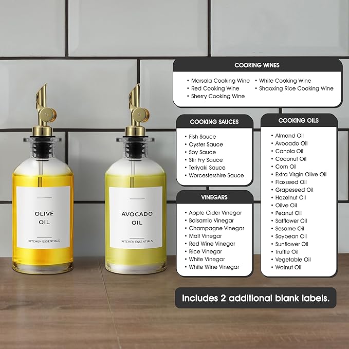 Olive Oil Labels for Glass Bottles - 2.5" x 2.5" Waterproof & Oil-Proof Kitchen PVC Sticker Labels for Oils, Vinegars, Sauces, Cooking Wines & Condiments - Minimalist White, 39pcs