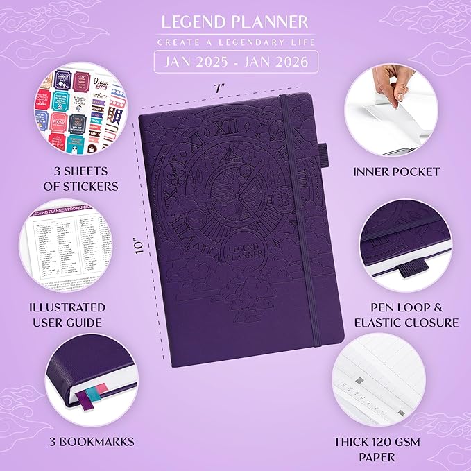 Legend Planner PRO Dated Jan 2025-Jan 2026 – Deluxe Weekly & Daily Organizer with Time Slots. Appointment Book Journal for Work & Time Management, A4 Hardcover (Dark Purple)