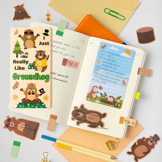 I Just Really Like Groundhog Sticky Notes Set - Cute Animal Self-Stick Note Pads Divider Tabs Bundle Writing Memo Pad Page Marker Back to School Office Supplies Groundhog Day Party Favor Gift