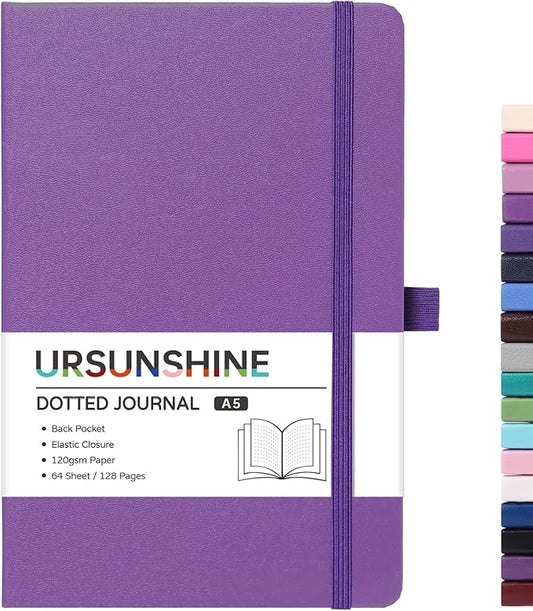 Dotted Journal/Notebook - Dot Grid Hard Cover Notebook, Premium Thick Paper with Fine Inner Pocket, Black Smooth Faux Leather, Pen Loop, 5.3'' x 8.26'' - Lavender