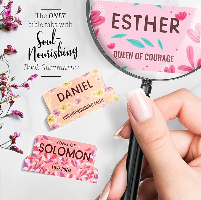 Bloom Beauty Bible Tabs for Women – Soul Nourishing Book Summaries – 66 Peel-and-Stick Large Print Laminated Bible Tabs | Bible Study Supplies Gold, Journaling Accessories, Gifts, the Shepherd of Life