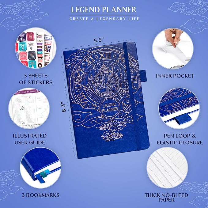 Legend Planner – Weekly & Monthly Life Planner to Hit Your Goals & Live Happier. Organizer Notebook & Productivity Journal. A5 (Royal Blue)