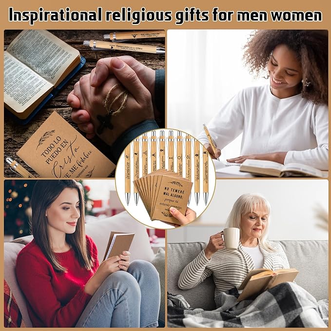 Fuutreo 50 Sets Spanish Christian Notebook Bible Verse Ballpoint Pen Versículos Bíblicos En Español Religious Easter Gifts for Women Men Bible Study Sunday School