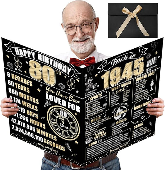 Large 80th Birthday Card With Envelope for Men Women, 1945 Black Gold Happy 80th Birthday Giant Guest Signature Book Gifts, Big Vintage 1945 80th Greeting Card Decoration Party Supplies