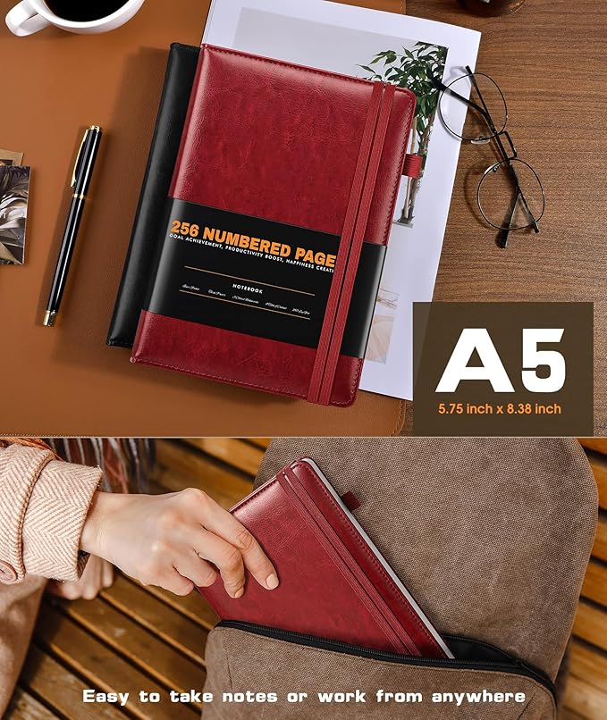 Lined Journal Notebook for Women Men, 256 Numbered Pages Hardcover Leather Journals for Writing, A5 Journaling Notebooks, College Ruled Journal for Business Work School 5.75" x 8.38" Wine Red