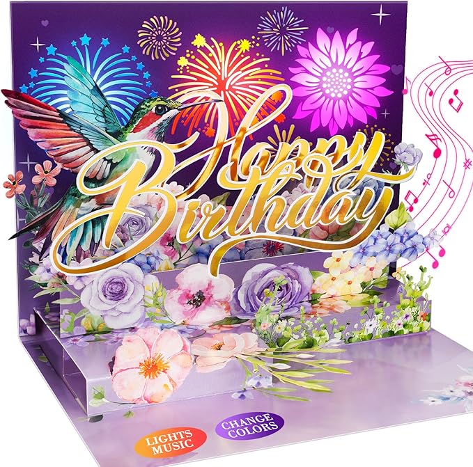 Birthday Card, Musical Pop Up Birthday Cards w Firework Lights, Play Happy Birthday Music Pop Up Card, Greeting Cards Gifts for Him or Her, Hummingbird