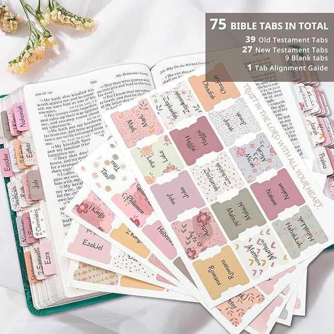 Laminated Bible Tabs for Women & Men - Large Print Tabs for Study Bibles, Boho Theme for Easy Navigation and Quick Reference - Easy-to-Read and Apply Tabs for All Ages-Floral
