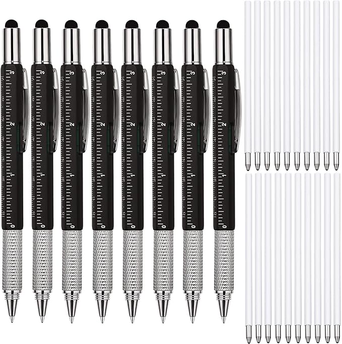 Zhanmai 8 Pcs Gift Pen for Men 6 in 1 Multitool Tool Pen with Refills Screwdriver, Ruler, Levelgauge,Fathers Christmas Graduation party Supplies(Black)