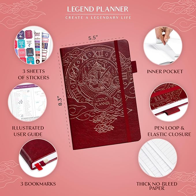 Legend Planner – Weekly & Monthly Life Planner to Hit Your Goals & Live Happier. Organizer Notebook & Productivity Journal. A5 (Wine Red)