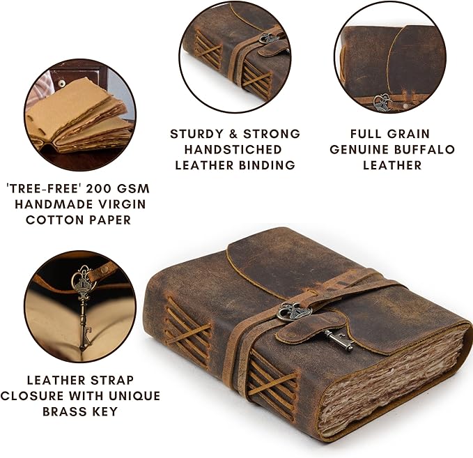 LEATHER VILLAGE Vintage Leather Journal – 200 Handmade Vintage Deckle Edge Paper – Leather bound Journal For Women Men – Vintage Key Closure - Book of Shadows - Cappuccuno Brown - 13X8 inches