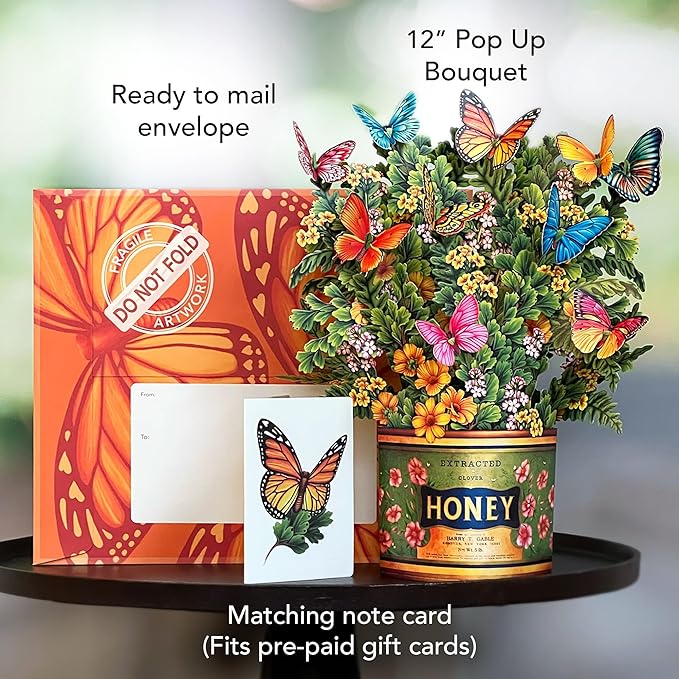 Freshcut Paper Pop Up Cards, Butterflies & Buttercups, 12 Inch Life Sized Forever Flower Bouquet 3D Popup Greeting Card, Birthday Cards, Thank You Card, Blank Notecard & Envelope