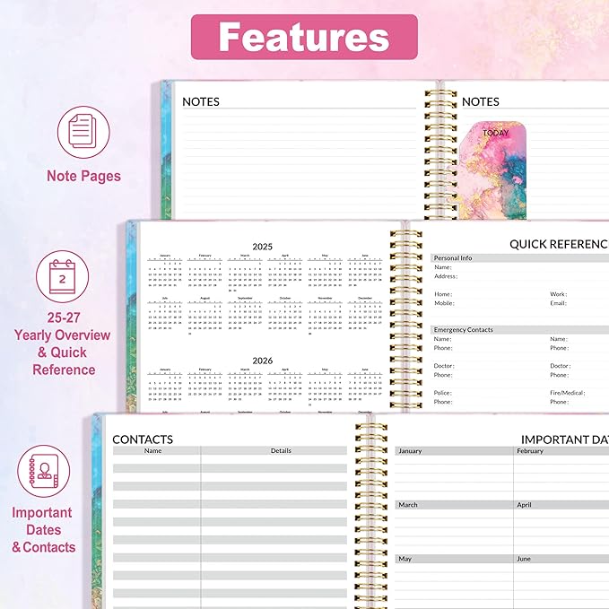 SUNEE 2025 Weekly and Monthly Planner - from January 2025 - December 2025, 6.4" x 8.3" Daily Agenda Planner with Monthly Tab, Flexible Cover, Note Pages, Pockets, Bookmark, Spiral Binding, Marble