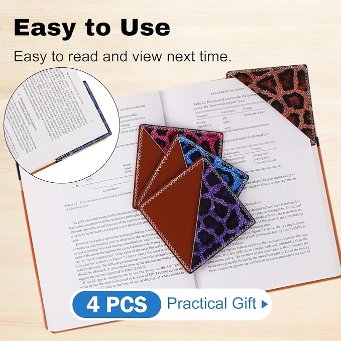 4 Pieces Leather Bookmarks, Cute Book Accessories for Reading Lovers, Page Markers for Women Men Kids Students Teachers Retirement Birthday Gift (Leopard Print)