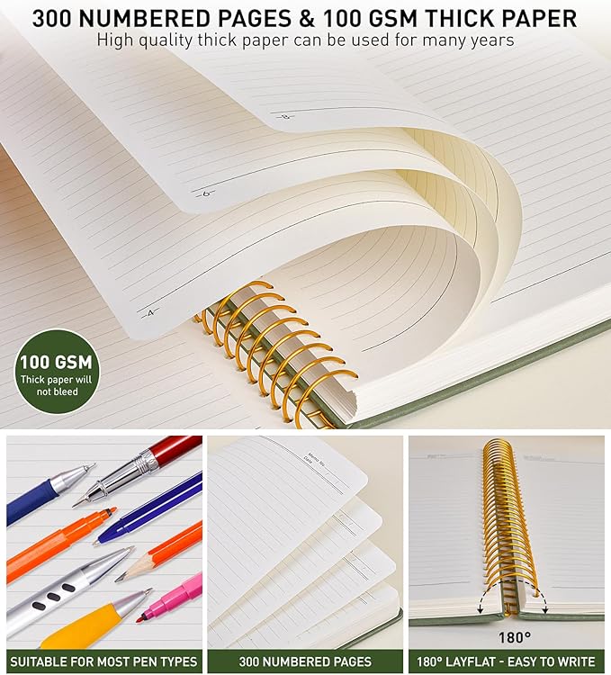 B5 Spiral Notebook Journal 7.6” x 10”, 300 Numbered Pages Hardcover Leather Journals for Women Men, Large Lined College Ruled Notebooks, 100GSM Thick Paper, Spiral Bound Journal for Work School, Pink