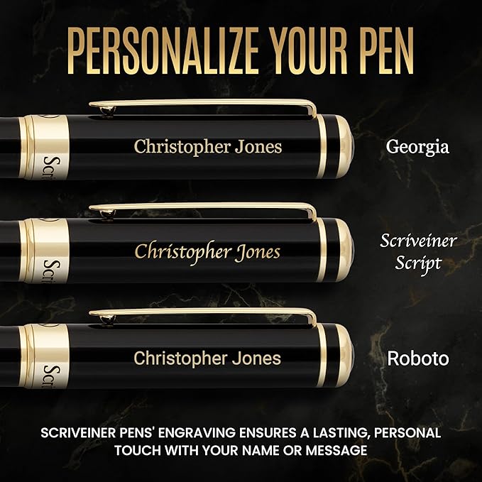 Scriveiner Personalized Black Ballpoint Pen - Stunning Luxury Pen, Jet Black Lacquer, 24K Gold Finish, Schmidt Ink Refill, Best Engraved Ball Point Gift Set for Men & Women, Custom Name Engraving