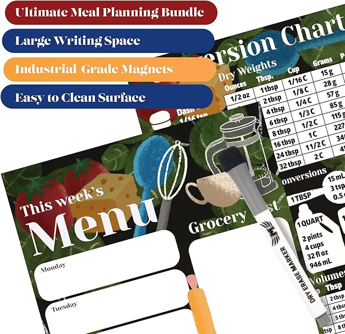 Magnetic Menu Board for Fridge 10-inch x 15-inch Smudge-Free Weekly Meal Planner Magnetic Comes With Conversion Chart and Dry Erase Marker for Dry Erase Menu Board for Fridge by Mommy Marvel