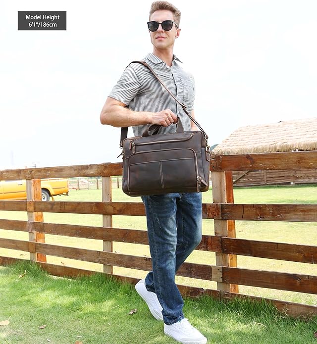 LANNSYNE Vintage 17” Leather Laptop Bag Briefcases For Men, Extra 1 Collection Brown