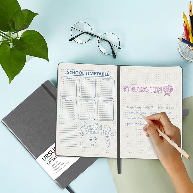 Dotted Journal/Notebook - Dot Grid Hard Cover Notebook, Premium Thick Paper with Fine Inner Pocket, Black Smooth Faux Leather, Pen Loop, 5.3'' x 8.26'' - Gray